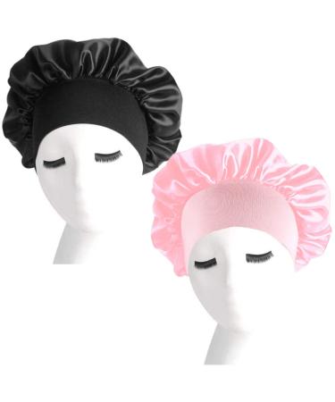 nuoshen 2 Pack Satin Bonnet with Wide Elastic Band Satin Bonnets Elastic Hat Soft Sleeping Head Cover for Night Sleep Curly Hair Protection Head Cover (Black+Pink) - Buy Online on GoSupps.com