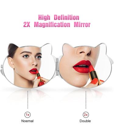 LucyPhy 2 Pcs Pocket Small Compact Mirror - Cute Kawaii Cat Design - Double Sided 2X 1X Magnifying Makeup Mirror for Women, Girls, Kids - Pink+Silver - Buy Online on GoSupps.com