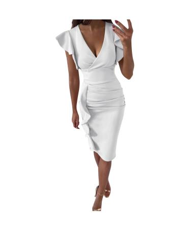 Briskorry V-neck flowers case of kneeling business dresses women summer elegant bustier fixed dresses sexy ruffled hems moored sleekly tight party dress vintage dress l tweiß