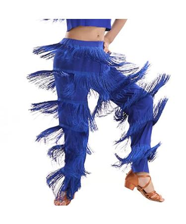 Libaobaoyo Girls Tassel Dance Pants Latin Ballroom Salsa Tango Chacha Rumba Performance Fringe Trousers Blue 3-4T