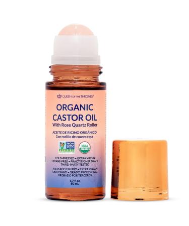 QUEEN OF THE THRONES Organic Golden Castor Oil Roll-On with Rose Quartz | 100% Pure for Skin Brows & Lashes and less mess Castor Oil Packs | Hexane-Free | USDA Certified | Cold-Pressed 1.7oz (50mL)
