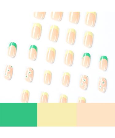 French Tip Press On Nails Short with White Flower Design | Yellow Green French False Nails | Spring Acrylic Stick On Nails for Women - Buy Online on GoSupps.com