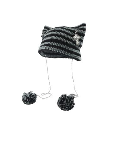 Crochet Hats for Women Vintage Beanies Women Fox Hat Grunge Goth Beanies Hat Y2K Accessories Slouchy Beanies for Women Grey Black
