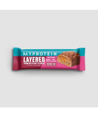 MyProtein Layered Bar - Birthday Cake 12 Bars Net Wt. 27.94 oz (792 g). Five layers of taste and indulgence. Each Bar weighs 2.33 oz (66g) and has 20 g protein and 3g sugar. - Buy Online on GoSupps.com
