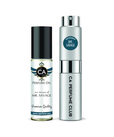 CA Perfume Duo Impression of Christian Mr.Savage For Men Eau de Parfum Refillable Atomizer Sprayer + Fragrance Body Oil Long Lasting Sample Travel Size Roll-On Bottle 0.27 Fl Oz+0.33 Fl Oz