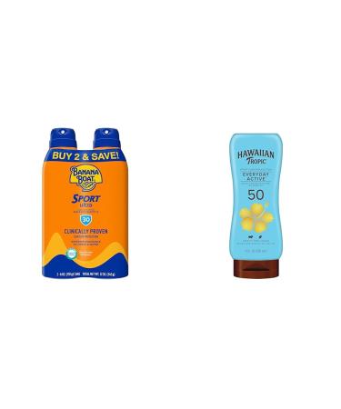 Banana Boat Sport Ultra SPF 30 Sunscreen Spray Twin Pack & Hawaiian Tropic SPF 50 Sunscreen Lotion Active Everyday Pack
