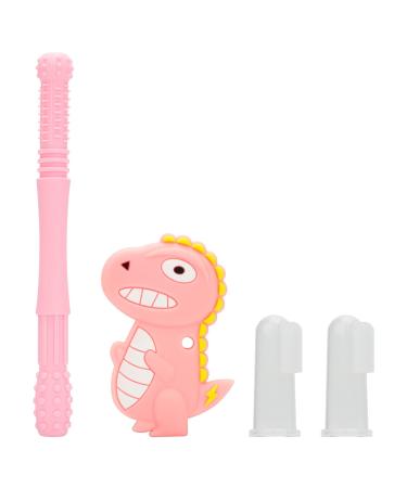 Baby Teething Tubes Toys for Newborn Infants Silicone Baby Teether Toy Tube for 3-6 Months BPA Free Dinosaur Teether with 2Pcs Finger Toothbrush Boys & Girls (Pink)