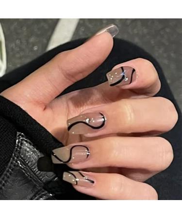 Sethexia long ballerina false nail glossy black rhinestone false fingernails coffin nails glue 24th gradient acrylic art press on nails