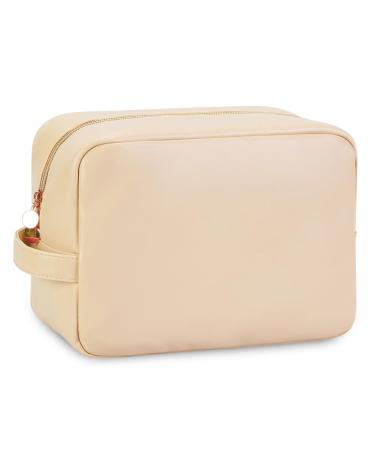 Wandering Nature Large Makeup Bag Toiletries Bag for Women Travel Cosmetic Bag with Handle and Slip-in Pockets Eco Vegan Leather Beige (Patent Pending) Beige L
