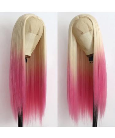 Itimay Long Straight Hair Blonde to Pink Color Wigs Heat Resistant Glueless Hair Ombre Pink Hair Synthetic Lace Front Wigs for Fashion Women