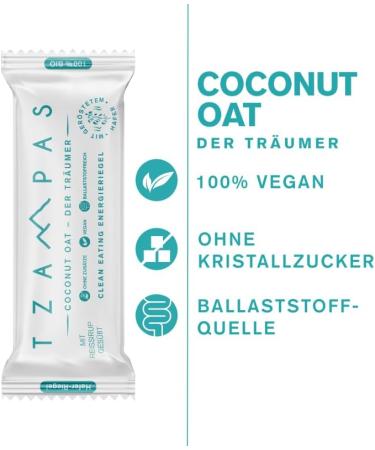 TZAMPAS Clean Eating Coconut Oat Energy Bars - The Dreamer (16 x 40 g) - With Coconut and Chocolate - Organic Vegan No Additives. - Buy Online on GoSupps.com