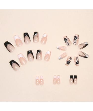 Square Press on Nails - French Tip Fake Nails with Flowers - Black White Silver Glitter - Full Cover Artificial Coffin Nails - Nude False Nails for Women Girls | H10 - Buy Online on GoSupps.com