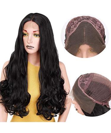 HBINGBING Long Wavy Black Lace Front Synthetic Wig for Women Natural Middle Hairline African American 1# Heat Resistant