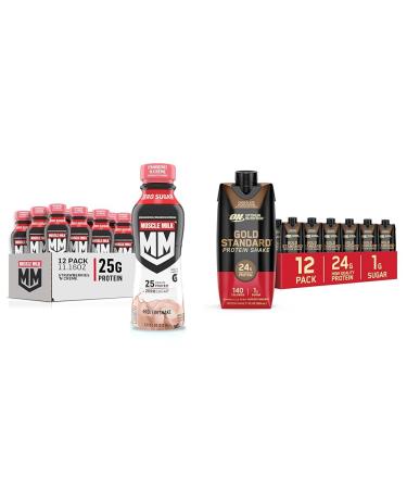 Muscle Milk Genuine Shake Strawberry 11.16 Fl Oz Bottles (12 Pack) & Optimum Nutrition Protein Shake Chocolate 24g Protein 11 Fl Oz (12 Count)