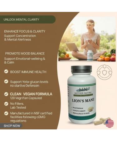 Mother Nature Lion's Mane (Hericium erinaceus) Mushroom Supplement - 1000mg -120 Vegan Pullulan Capsules - 60 Day Supply - Made in USA - Buy Online on GoSupps.com