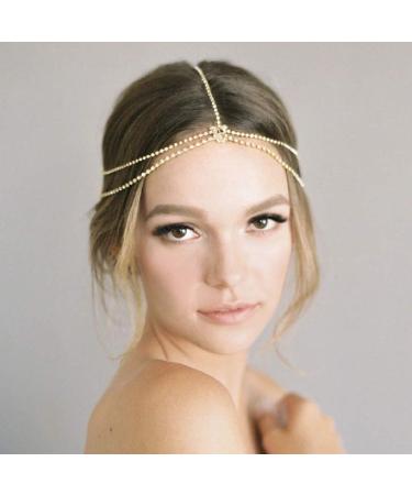 Wekicici Boho Rhinestones Head Chain for Women and Girls Rhinestones Multi Layered Tassel Hair Accessories for Wedding Brides Bridesmaid Exotic Princess Hair Jewelry (Gold)