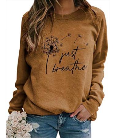 OUNAR Womens Just Breathe Dandelion Sweatshirt Casual Crewneck Loose Pullover Tops Long Sleeve Graphic Tee Shirt Khaki Medium