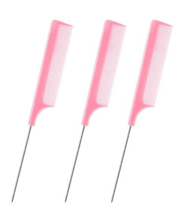 DAZISEN 3 Pieces Hair Comb - Anti-Static Tail Combs Fine Tooth Combs Salon Barber Hairdressing Comb with Stainless Steel Handle for Women and Men Pink *3