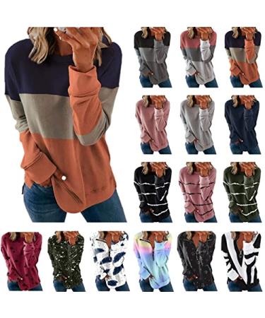 Womens Fall Fashion 2022 Casual Crewneck T-Shirts Solid Striped Shirt Long Sleeve Loose Pullover Comfy Tops 03#blue Color Block Sweatshirt Large