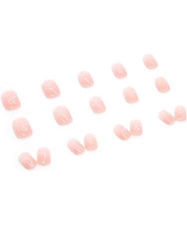 24Pcs Short Square Nude French Tip False Nails with Abstract Lines Design - Glossy Acrylic Full Cover Press on Nails for Women, Girls - Pink Curve - Buy Online on GoSupps.com