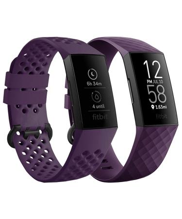 Qimela Replacement Watch Strap Compatible with Fitbit Charge 3/Fitbit Charge 4 Bands for Women Men, Liquid Silicone Sport Classic Wristbands 2 Pack (Purple, Large) Purple Large