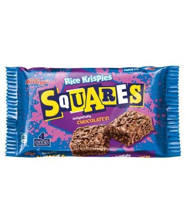Kellogg's Rice Krispies Squares Pack of 4 Crispy chocolate bars of toasted rice grains and milk chocolate chucks with a chocolate flavored coating.