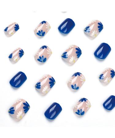 Justotry 24 Pcs Floral Short False Nails - Navy Blue French Press On Nails | Pretty Daisy Pattern | Squoval Shape | Nail Glue Included - Women's Fake Nails - Buy Online on GoSupps.com
