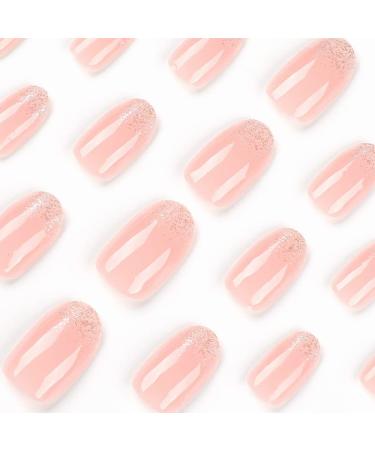 Mouyouglow Short Round Pink Nude Press-On Nails | Full Cover Artificial Fake Nails with Glue | Baby Boomer Gold Glitter Acrylic Fingernails for Women & Girls - i018 - Buy Online on GoSupps.com