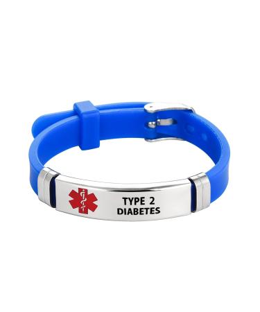 Medical ID Identification Bracelet Engraved Name Medical Alert Silicone Adjustable Sport Bracelet for Men Women Stainless Steel Rubber Type 2 Diabetes