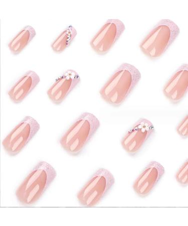 Foccna 3D Flower Fake Nails - Square Pink French Press on Long Nails with Rhinestones | 24pcs Glossy Artificial Nail Tips for Women & Girls - Buy Online on GoSupps.com