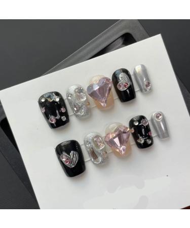 Black long Nails Handmade Press on Nail Short Square Solid Fake Nail Tips Gentle Flowers Design Art(Black Ultra Short XS)