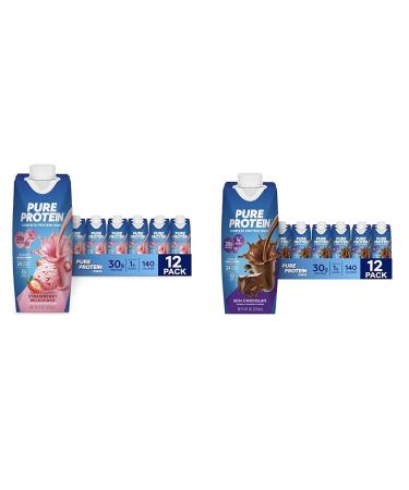 Pure Protein Protein Shake Bundle 30g Protein 11oz Bottles 12 Packs Strawberry & Chocolate Milkshake Flavors