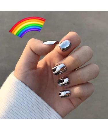 Square Short Mirror Press on Nails - Silver Glossy False Nails (24 PCS) for Women and Girls - Buy Online on GoSupps.com