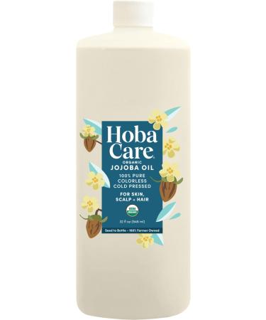 HobaCare Organic Clear Jojoba Oil, Colorless, Odorless for Skin Care, Hair, Beard Conditioning, Scalp Massage - 100% Pure Carrier Oil for Perfume or Soap Making, Hexane-Free, Long Shelf Life (32 oz)