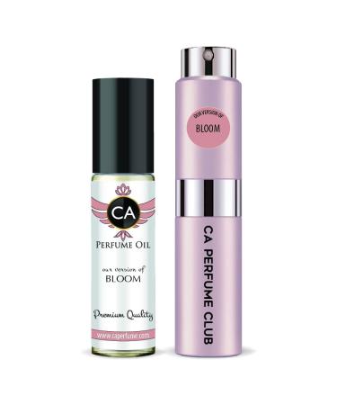 CA Perfume Duo Impression of Bloom For Women Eau de Parfum Refillable Atomizer Sprayer + Fragrance Body Oil Long Lasting Sample Travel Size Roll-On Bottle 0.27 Fl Oz+0.33 Fl Oz