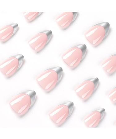 French Tips Press On Nails - Short Almond Fake Nails with Glossy Silver Edge Design - Stiletto Glue on Nails - Full Cover Acrylic Nails - 24Pcs Set with 1 Glue - Buy Online on GoSupps.com