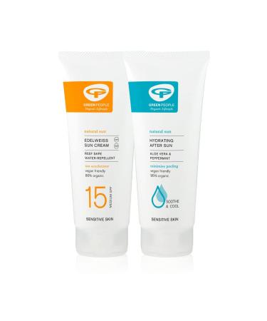Green People Edelweiss SPF15 Sun Cream & After Sun Bundle 2 x 200ml | Natural Organic Sunscreen with Tan Accelerator | Sensitive Skin | Non Comedogenic Non Greasy | Reef Safe Cruelty Free 200 g (Pack of 2)