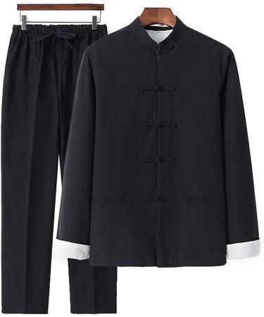 Men's Black Linen Kung Fu Suit Traditional Chinese Martial Arts Uniform | Long Sleeve Mandarin Jacket & Pants Tai Chi Set - Size Large - Buy Online on GoSupps.com