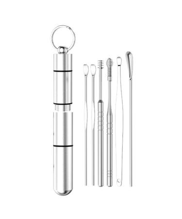 Earpick Set 6pcs Ear Pick Earwax Removal kit Anti-Allergy Professional Cleansing Tool Set with Portable Pendant Storage Cylinder (Silver 6 Style)