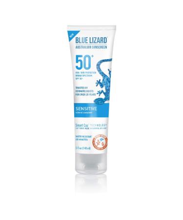 BLUE LIZARD Sensitive Mineral Sunscreen with Zinc Oxide 50+ Water Resistant UVAUVB Protection with Smart Cap Technology Fragrance Free, Sensitve, SPF 50 - - Tube, Unscented, 5 Fl Oz 5 Fl Oz (Pack of 1)