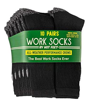 HOT FEET 10 pack Mens Crew Work Outdoor Socks, Moisture Wicking Cotton Blend, Cushioned Foot, Reinforced Heel and Toe Black