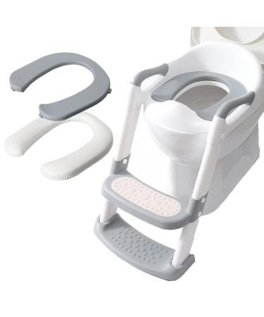 Potty Training Seat with Step Stool Ladder (2 Cushions Includ.), Potty Training Toilet Seat for Kids Boys Girls Toddlers, Comfortable Potty Seat with Anti-Slip Ladder Foldable - Double Elite (Grey) Gray & White
