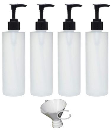 Earth's Essentials Four Pack Of Refillable 8 Oz. HDPE Plastic Pump Bottles With Patented Screw On Funnel-Great For Dispensing Lotions, Shampoos and Massage Oils.