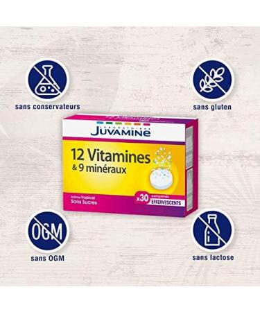 JUVAMINE - 12 Vitamins & 9 Minerals - Fatigue - Stress - Vitamins C B2 B3 B6 B9 and Iron - 30 Day Program - 30 Effervescent Tablets - Tropical Flavor - Made in France - Buy Online on GoSupps.com