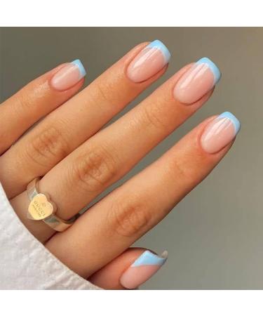 Foccna 24pcs French Tip Blue Fake Nails Glossy Square Press on Nail False Nails Tips Artificial Finger Manicure Blue French Nails