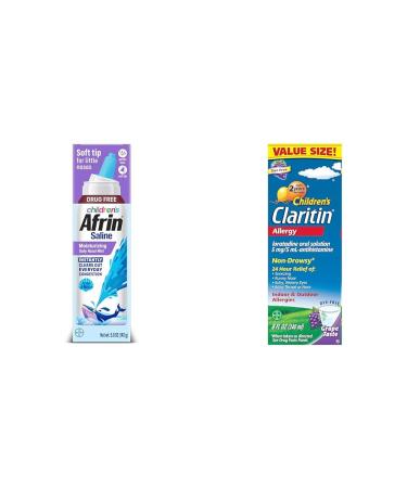 Afrin Children s Saline Moisturizing Daily Nasal Mist for Everyday Nasal Congestion and Dry Nose 5oz + Claritin Children's Allergy Medicine 24-Hour Non-Drowsy 5mg Syrup 8oz