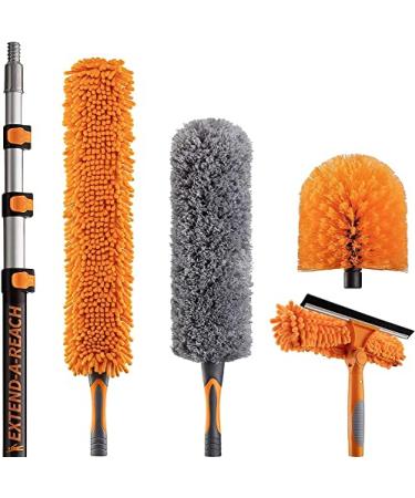 30 Foot High Reach Duster Kit with 7-24 ft Extension Pole // High Ceiling Dusting and Window Cleaning Kit with Telescopic Pole // Window Washer & Squeegee, Cobweb Duster, Fan Blade and Feather Dusters 24 feet