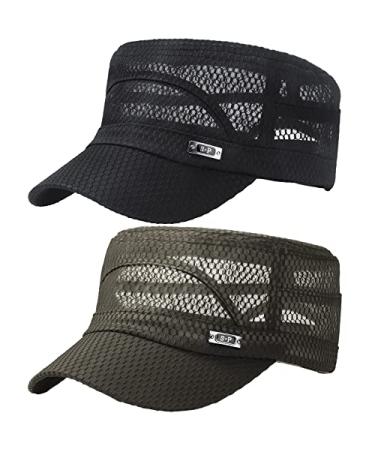 2 Pieces Breathable Cadet Military Cap Mesh Army Cap Sunshade Military Flat Top Cap Black, Army Green