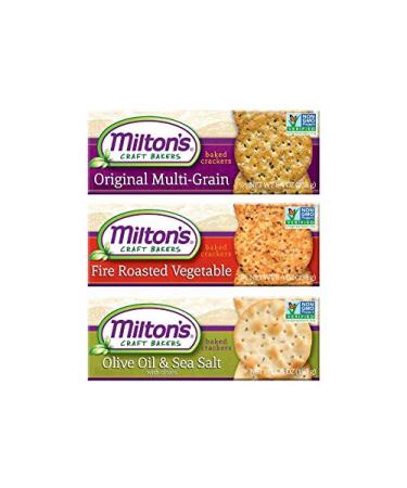 Milton’s Gourmet Baked Crackers, 3 Pack Flavor Variety Bundle: Original Multi-Grain, Fire-Roasted Vegetable, and Olive Oil & Sea Salt, 8.4 Oz Each