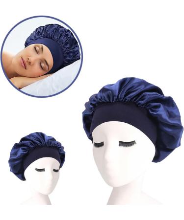 Wide Elastic Band Satin Hair Bonnet for Women - Navy | Soft Sleep Cap for Curly Hair Protection and Night Care - Buy Online on GoSupps.com